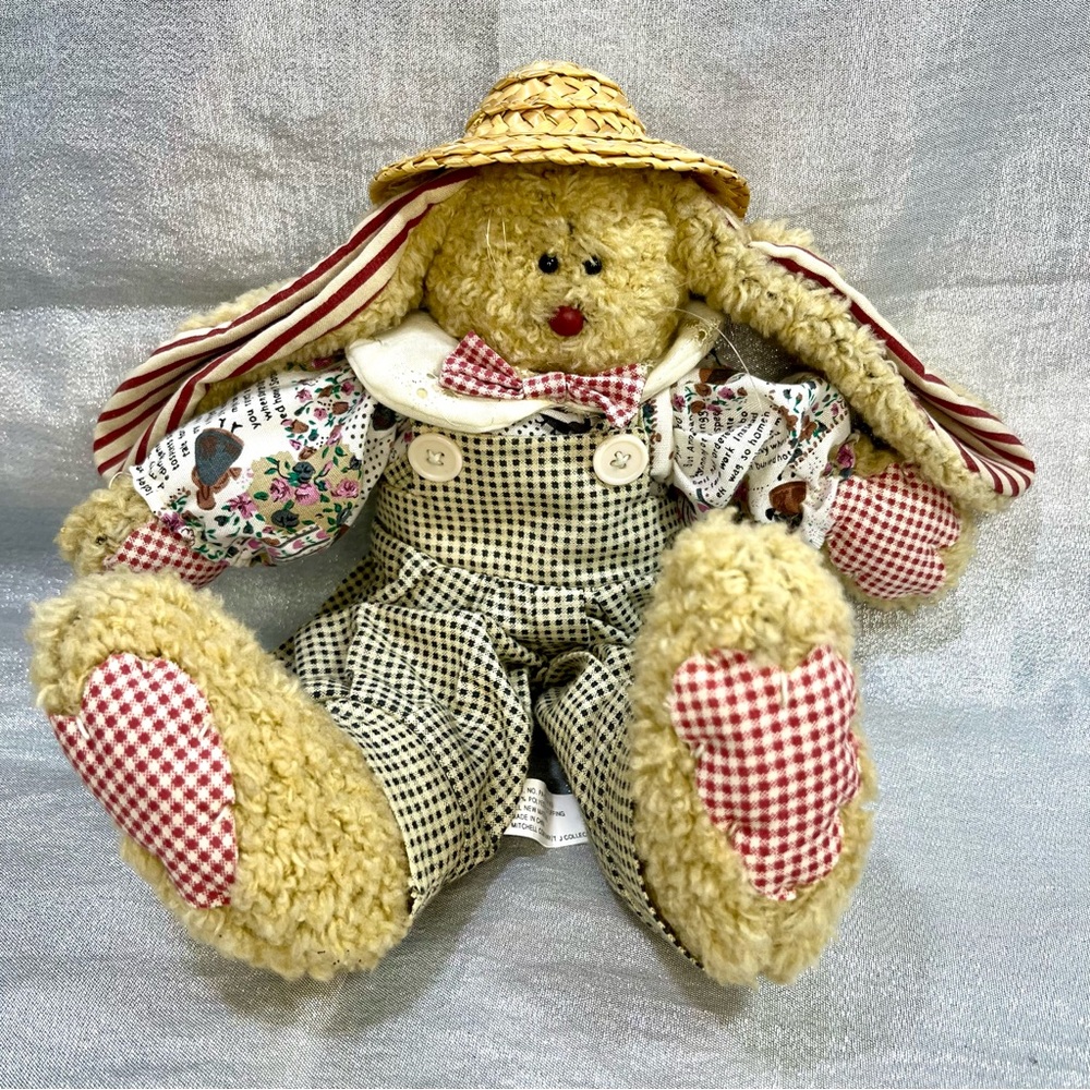 MITCHELL COMPANY TJ COLLECTION Vintage Plush Bunny Shelf Sitter with Straw Hat
